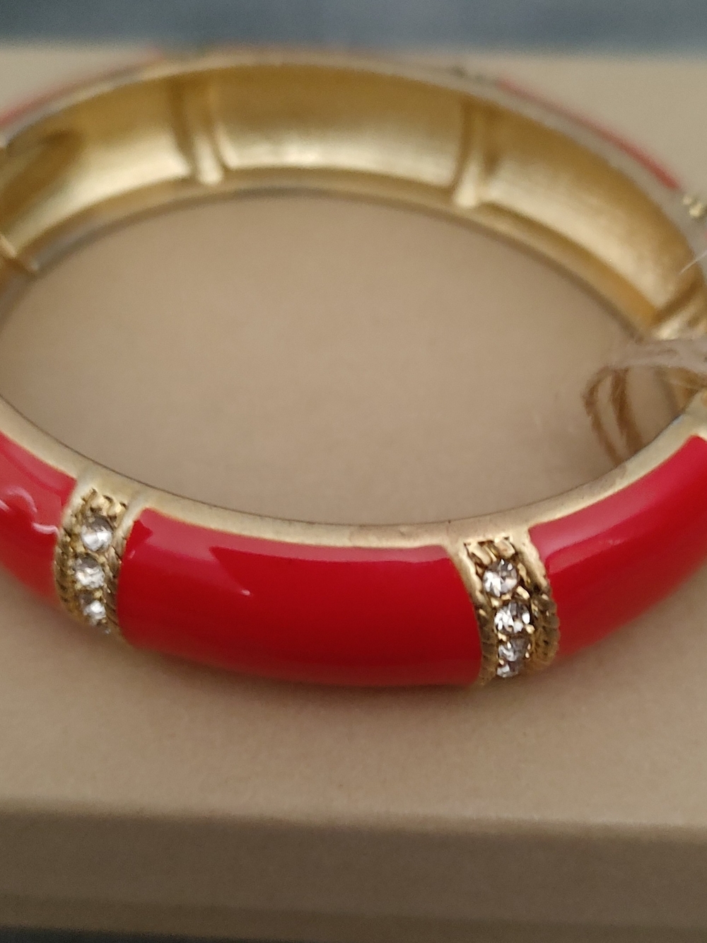 Gold-Tone Red Enamel Bangle Bracelet with Crystal Accents